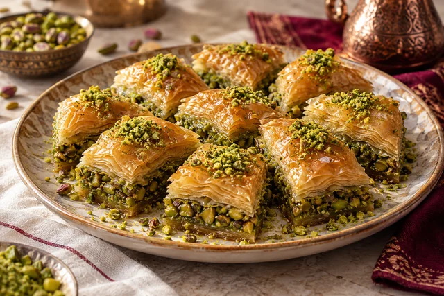 Golden pistachio baklava with fine crisp pastry layers and green pistachio filling