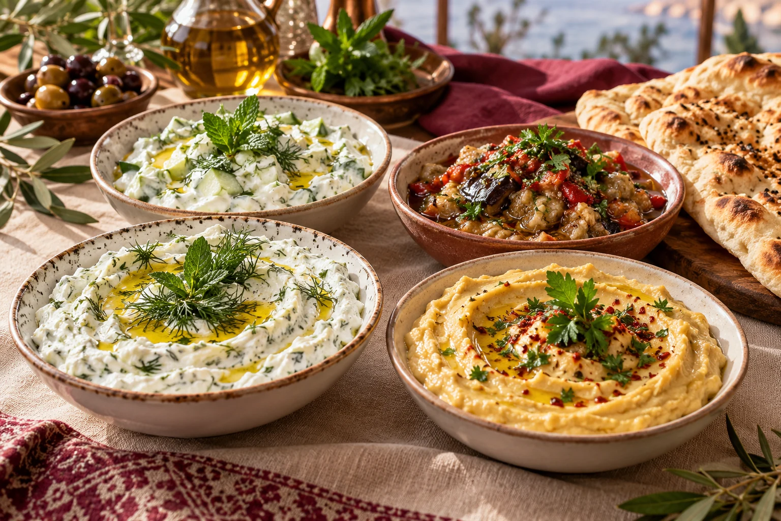 Small dishes of haydari, cucumber cacık, fava and aubergine meze with fresh bread