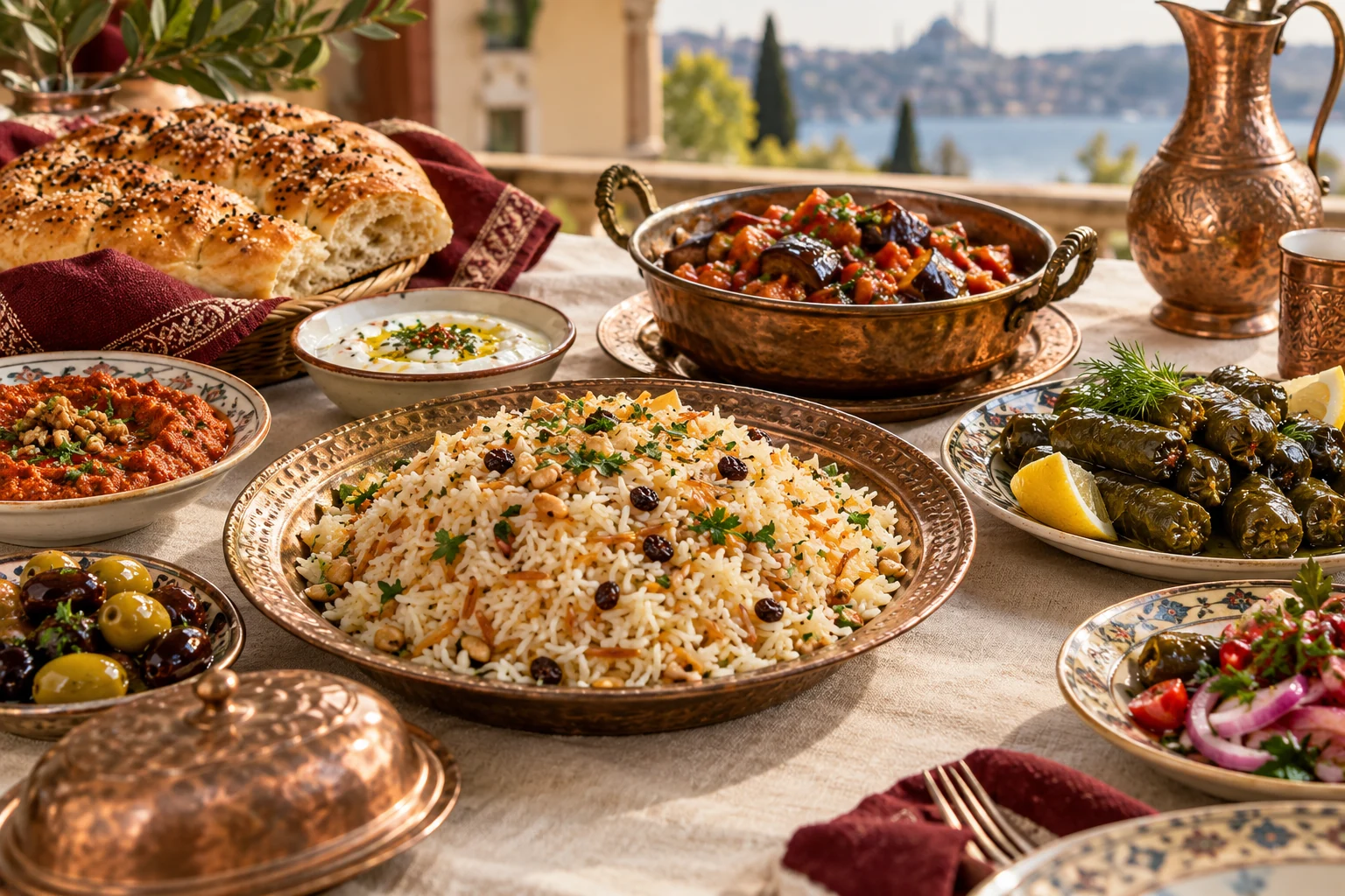 A Turkish table with rice pilaf, stuffed vine leaves, aubergine stew and bread