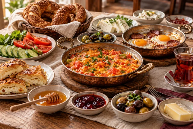 A Turkish breakfast spread with menemen, sucuk and eggs, simit, börek, cheese, olives and tea