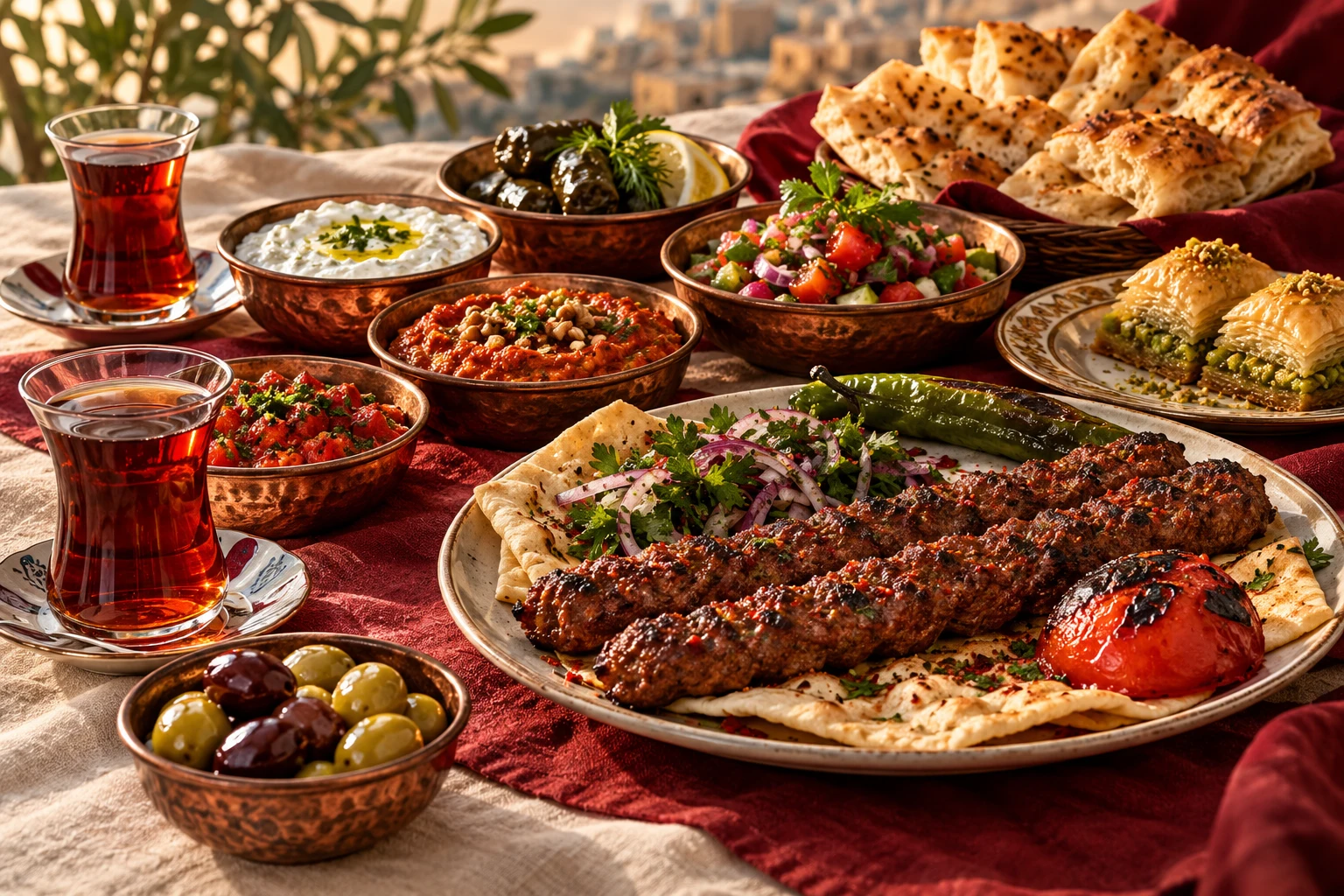 A shared Turkish table with kebab, meze, fresh bread, baklava and tea